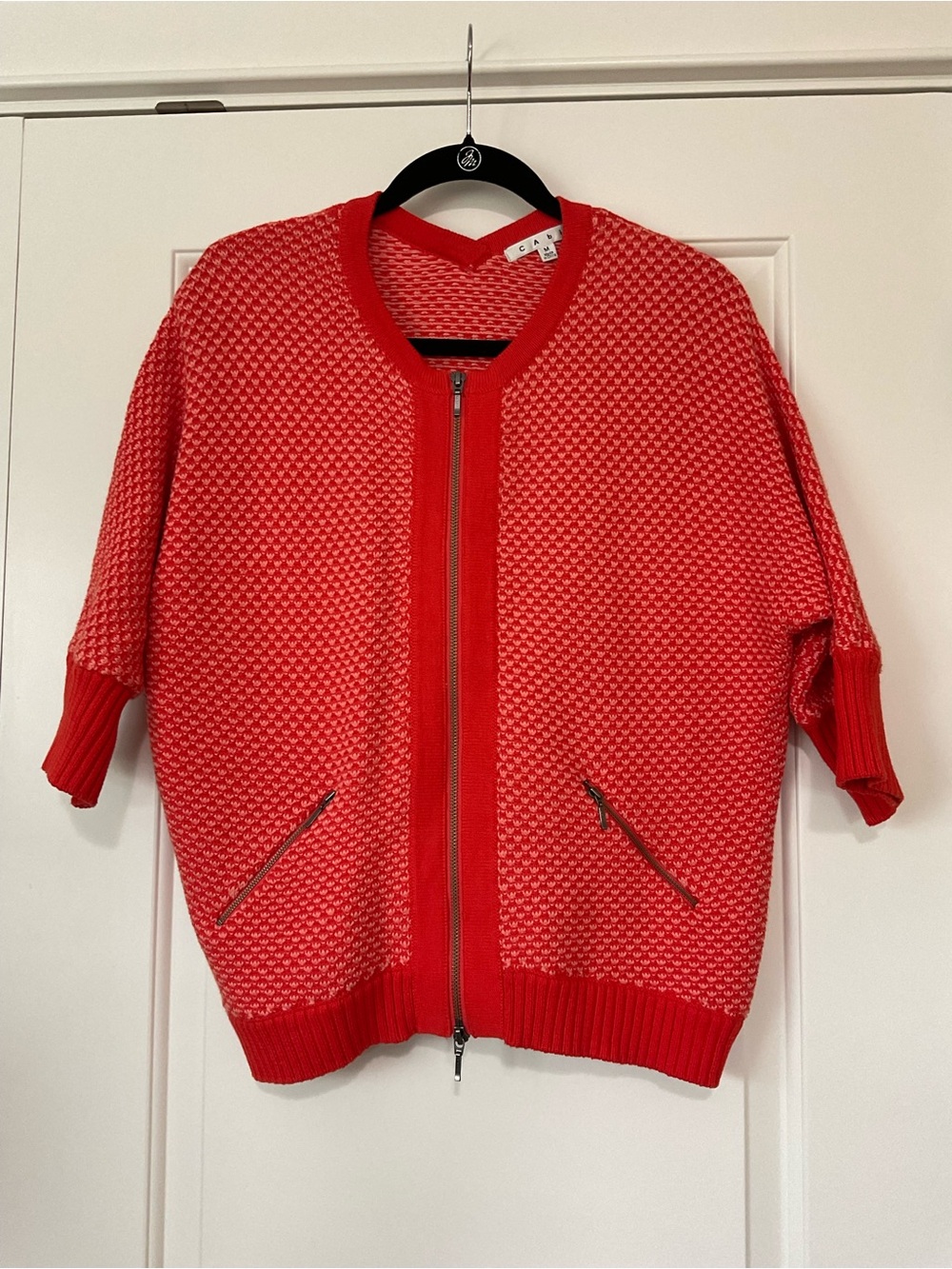 CAbi Coral-Red Textured Zip Sweater